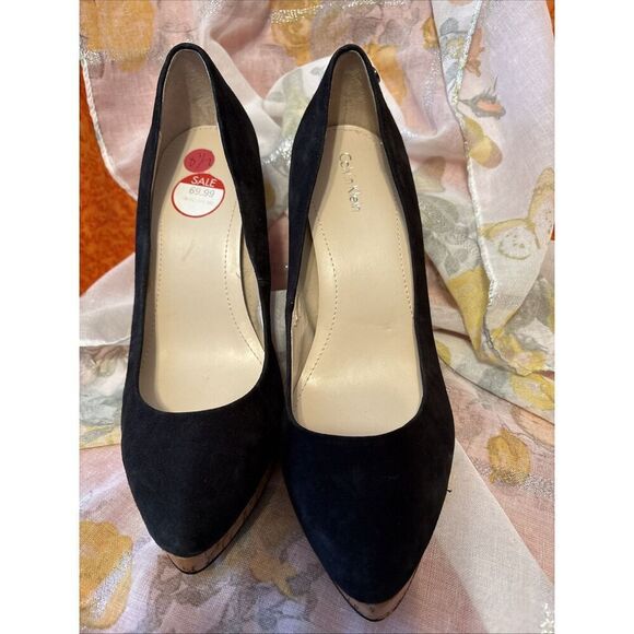 NWT Calvin Klein Black Suede Round Toe Cork Platform 5 in Heels Size 8.5 - Picture 2 of 12